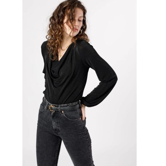 BAND OF THE FREE BOG AGGIE BLACK COWL NECK BODYSUIT BALLOON SLEEVES SIZE L-NEW - Picture 1 of 7